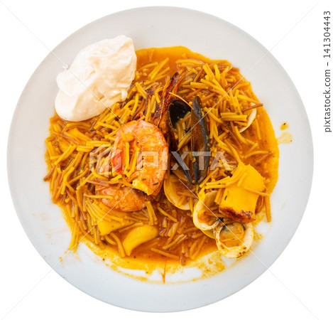 Fideua with seafood served on platter Fideua with seafood served on platter 141304443