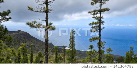 Scenic view of volcanic landscape with pine trees and rolling hills under a cloudy sky on a mountain in La Palma, Canary Islands, Spain. High quality photo 141304792