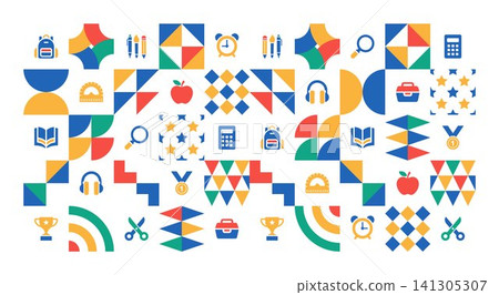 Geometric shapes school supplies background Geometric shapes school supplies background 141305307