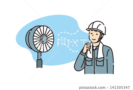 Workers cooling off with electric fans 141305347