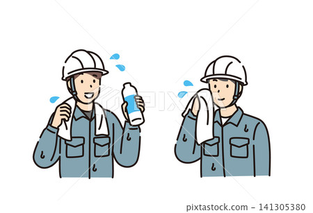 Workers rehydrating and wiping away sweat. 141305380