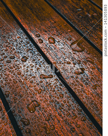 Wet wooden planks background with beautiful dew drops and diagonal perspective. Wet wooden planks background with beautiful dew drops and diagonal perspective. 141305893