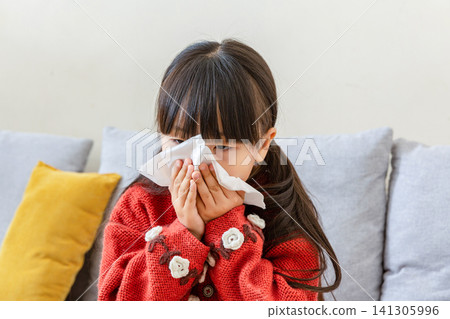 Mid shot of a school girl with pigtails wearing a red knitted sweater with white flower pattern, holding a tissue to her nose and blowing, sitting on a grey sofa in a living room. Mid shot of a school girl with pigtails wearing a red knitted sweater with white flower pattern, holding a tissue to her nose and blowing, sitting on a grey sofa in a living room. 141305996