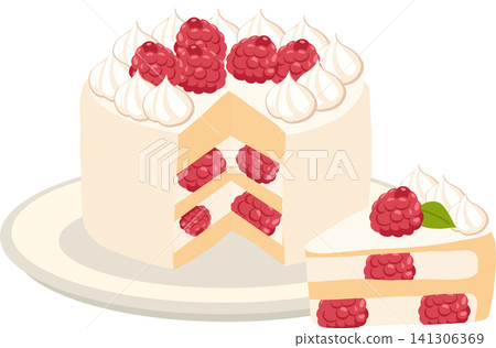 Raspberry Cake Slice and Whole Vanilla Cream Dessert on Plate Raspberry Cake Slice and Whole Vanilla Cream Dessert on Plate 141306369