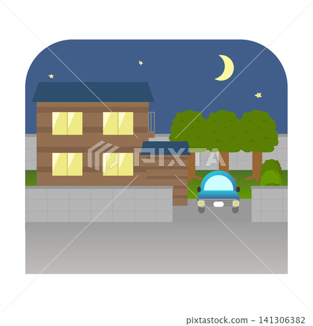 Traditional Japanese house with a garden (navy blue, night) Traditional Japanese house with a garden (navy blue, night) 141306382