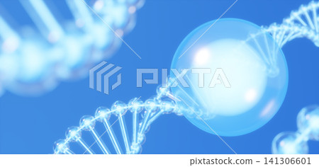 DNA 的 3D 插圖和一個透明球體,代表細胞層面的抗衰老護理和美容成分。 (橫向) DNA 的 3D 插圖和一個透明球體,代表細胞層面的抗衰老護理和美容成分。 (橫向) 141306601