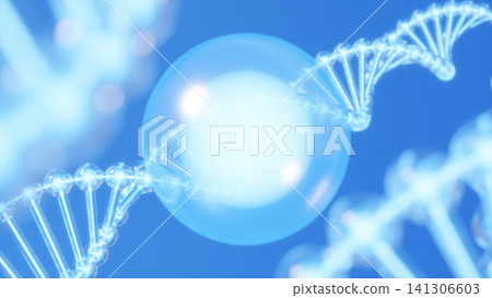 DNA 的 3D 插圖(橫向)和一個透明球體,代表細胞層面的抗衰老護理和美容成分。 DNA 的 3D 插圖(橫向)和一個透明球體,代表細胞層面的抗衰老護理和美容成分。 141306603