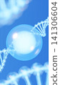 A 3D illustration (vertical) of DNA and a transparent sphere, representing cellular-level anti-aging care and beauty ingredients. 141306604