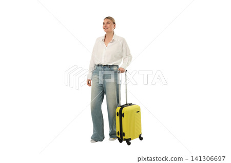 Traveler poses with a yellow suitcase, isolated on white, PNG Traveler poses with a yellow suitcase, isolated on white, PNG 141306697