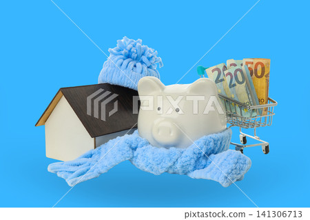 A cozy home setup showing a piggy bank wrapped in scarf and hat A cozy home setup showing a piggy bank wrapped in scarf and hat 141306713