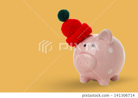 A cute piggy bank dons a red hat while winter savings begin A cute piggy bank dons a red hat while winter savings begin 141306714