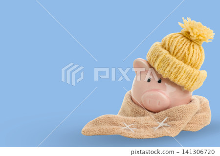 Piggy bank in a scarf and yellow hat to stay warm Piggy bank in a scarf and yellow hat to stay warm 141306720