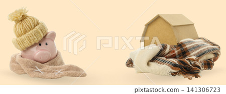 A piggy bank in a hat and scarf by a cozy house A piggy bank in a hat and scarf by a cozy house 141306723