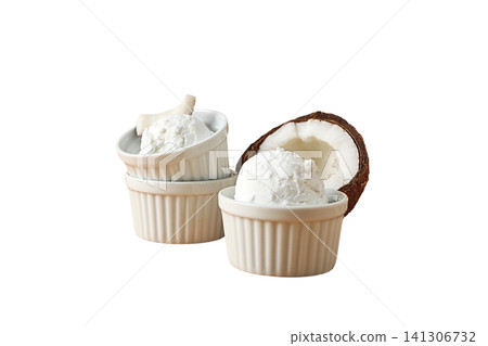Coconut ice cream served in bowls, isolated on white, PNG Coconut ice cream served in bowls, isolated on white, PNG 141306732