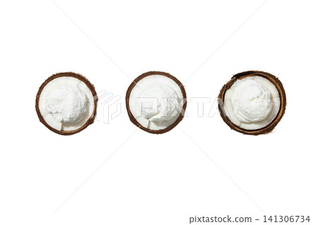 Delicious coconut halves filled with ice cream, isolated on white, PNG Delicious coconut halves filled with ice cream, isolated on white, PNG 141306734