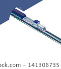 An isometric illustration of a freight train emerging from a tunnel. The theme is logistics, rail transport, and rail infrastructure. 141306735