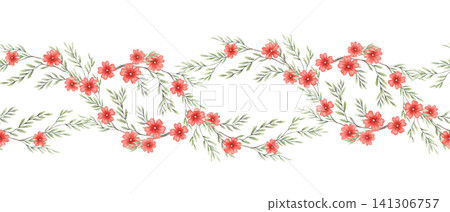 Margarita Punzo flowers seamless border watercolor illustration. Hand drawn Glandularia peruviana with green leaf in botanical style. Floral design for rustic invitation card. Natural repeat template. Margarita Punzo flowers seamless border watercolor illustration. Hand drawn Glandularia peruviana with green leaf in botanical style. Floral design for rustic invitation card. Natural repeat template. 141306757