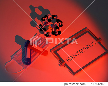 Medical laboratory composition with hantavirus concept under red warning light symbolizing danger and health risk. Scientific scene for infectious disease awareness, virus research and outbreak topics Medical laboratory composition with hantavirus concept under red warning light symbolizing danger and health risk. Scientific scene for infectious disease awareness, virus research and outbreak topics 141306968