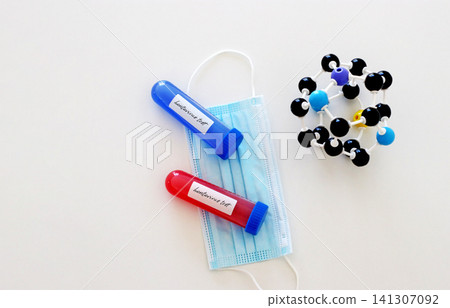 Medical composition with hantavirus sample tubes, protective mask and molecular structure for infectious disease diagnostics. Healthcare concept for virus detection and laboratory research. Medical composition with hantavirus sample tubes, protective mask and molecular structure for infectious disease diagnostics. Healthcare concept for virus detection and laboratory research. 141307092