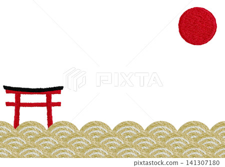 [Horizontal frame with torii gate, sun, and wave pattern] Hand-embroidered illustration material 141307180