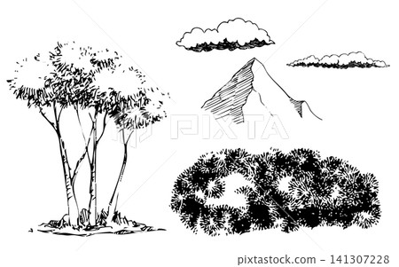 Simple, hand-drawn monochrome illustrations. Nature and landscapes. Simple, hand-drawn monochrome illustrations. Nature and landscapes. 141307228