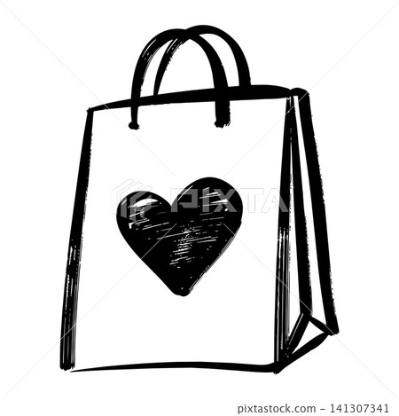 Hand drawn shopping bag illustration with heart symbol isolated on white background, black ink brush stroke sketch style. Hand drawn shopping bag illustration with heart symbol isolated on white background, black ink brush stroke sketch style. 141307341