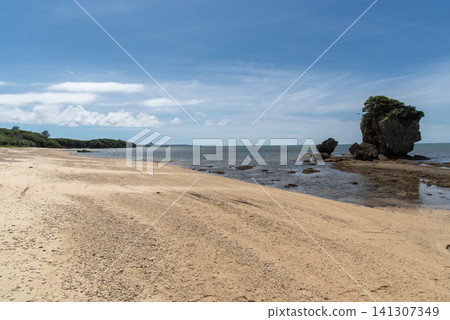 A sandy beach with rocks in the sea, where the horizon is visible. A sandy beach with rocks in the sea, where the horizon is visible. 141307349
