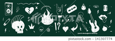 Retro punk music art. Charcoal school doodles on blackboard background. Vector crayon sketchbook skulls. Ink wax textures and wild music notes Retro punk music art. Charcoal school doodles on blackboard background. Vector crayon sketchbook skulls. Ink wax textures and wild music notes 141307774