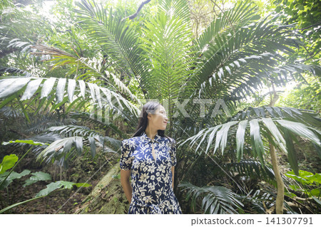 A woman standing in front of a large leaf - an image of a trip to Okinawa. A woman standing in front of a large leaf - an image of a trip to Okinawa. 141307791