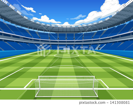 Empty Soccer Stadium with Green Grass Field and Blue Seats Empty Soccer Stadium with Green Grass Field and Blue Seats 141308081