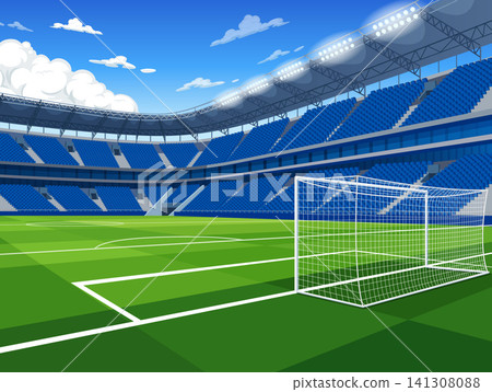 Empty Soccer Stadium with Goal Post and Blue Seats Illustration Empty Soccer Stadium with Goal Post and Blue Seats Illustration 141308088