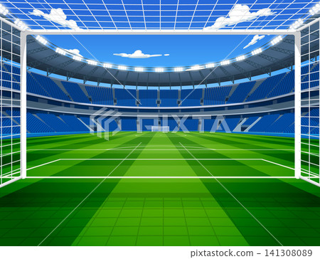 Empty Soccer Stadium with Green Grass and Goal Post Vector Illustration Empty Soccer Stadium with Green Grass and Goal Post Vector Illustration 141308089