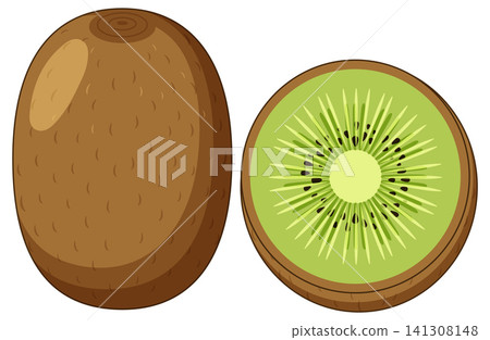 Vector Illustration of Whole Kiwi Fruit and Fresh Green Slice Vector Illustration of Whole Kiwi Fruit and Fresh Green Slice 141308148