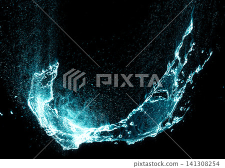 Abstract 3D illustration of blue water splashes against a black background | Clean and flowing water splashes Abstract 3D illustration of blue water splashes against a black background | Clean and flowing water splashes 141308254