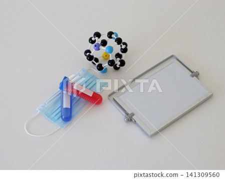 Medical laboratory composition with molecular structure, sample tubes and blank information board for virus diagnostics, chemistry education and healthcare research concepts. Medical laboratory composition with molecular structure, sample tubes and blank information board for virus diagnostics, chemistry education and healthcare research concepts. 141309560