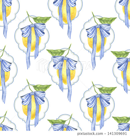 Watercolor seamless pattern with lemons and blue bows. Hand painted Mediterranean illustration for fabric, wallpaper, nursery textiles, table linen, sewing and quilting projects. Watercolor seamless pattern with lemons and blue bows. Hand painted Mediterranean illustration for fabric, wallpaper, nursery textiles, table linen, sewing and quilting projects. 141309691