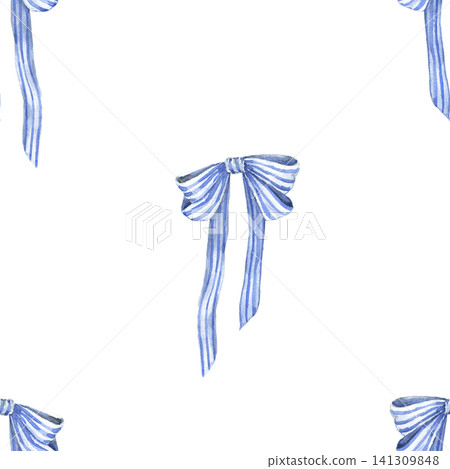 Watercolor seamless pattern with blue bows. Hand painted illustration for fabric, wallpaper, nursery textiles, gift wrap, sewing projects and table linen. Watercolor seamless pattern with blue bows. Hand painted illustration for fabric, wallpaper, nursery textiles, gift wrap, sewing projects and table linen. 141309848