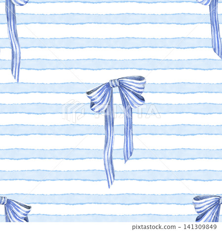 Watercolor seamless pattern with blue bows on striped sailor background. Hand painted illustration for fabric, wallpaper, nursery textiles, gift wrap, sewing projects and table linen. Watercolor seamless pattern with blue bows on striped sailor background. Hand painted illustration for fabric, wallpaper, nursery textiles, gift wrap, sewing projects and table linen. 141309849