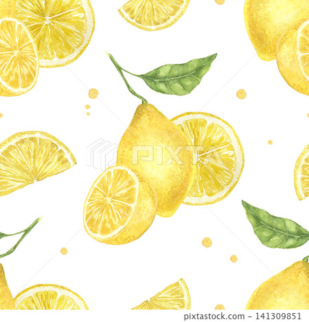 Watercolor seamless pattern with lemons, citrus slices and green leaves. Hand painted Mediterranean illustration for fabric, wallpaper, kitchen textiles, table linen and summer decor. Watercolor seamless pattern with lemons, citrus slices and green leaves. Hand painted Mediterranean illustration for fabric, wallpaper, kitchen textiles, table linen and summer decor. 141309851