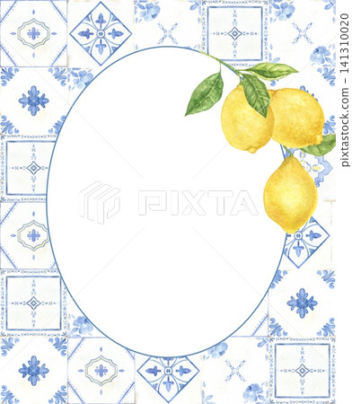 Watercolor oval frame with Portuguese azulejo tiles, lemons and citrus leaves. Hand painted Mediterranean border for wedding invitations, menus, recipes, restaurants and cookbooks. Watercolor oval frame with Portuguese azulejo tiles, lemons and citrus leaves. Hand painted Mediterranean border for wedding invitations, menus, recipes, restaurants and cookbooks. 141310020