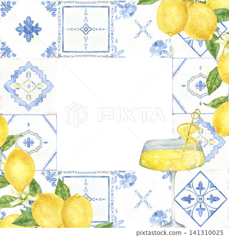 Watercolor frame with Portuguese azulejo tiles, lemons and Lemon Drop martini. Hand painted Mediterranean border for cocktail menus, restaurants, beach weddings and recipes. Watercolor frame with Portuguese azulejo tiles, lemons and Lemon Drop martini. Hand painted Mediterranean border for cocktail menus, restaurants, beach weddings and recipes. 141310025
