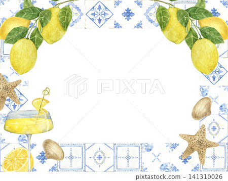 Watercolor frame with lemons, Portuguese azulejo tiles, mojito, Lemon Drop martini, seashells and starfish. Hand painted illustration for menus, restaurants and beach weddings. 141310026