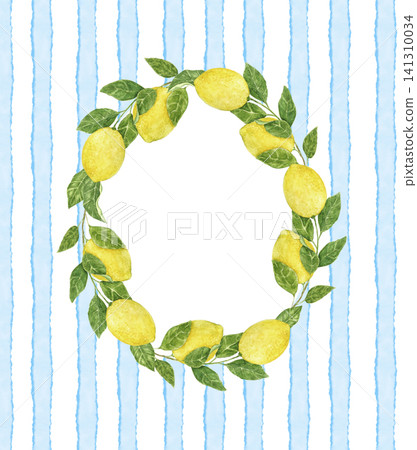 Watercolor lemon wreath with citrus branches and green leaves. Hand painted Mediterranean illustration for summer weddings, seaside parties, menus, recipes, kitchen decor and table settings. Watercolor lemon wreath with citrus branches and green leaves. Hand painted Mediterranean illustration for summer weddings, seaside parties, menus, recipes, kitchen decor and table settings. 141310034