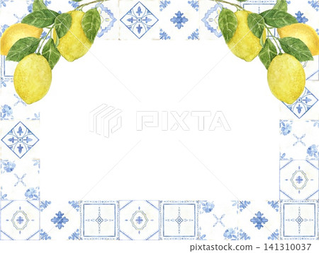Watercolor frame with lemons and Portuguese azulejo tiles. Hand painted Mediterranean illustration for wedding invitations, menus, recipe cards, food packaging and kitchen decor. Watercolor frame with lemons and Portuguese azulejo tiles. Hand painted Mediterranean illustration for wedding invitations, menus, recipe cards, food packaging and kitchen decor. 141310037