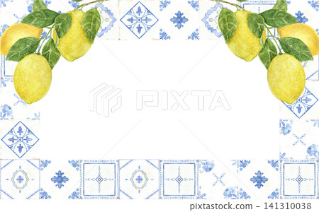 Watercolor frame with lemons and Portuguese azulejo tiles. Hand painted Mediterranean illustration for wedding invitations, menus, recipe cards, food packaging and kitchen decor. Watercolor frame with lemons and Portuguese azulejo tiles. Hand painted Mediterranean illustration for wedding invitations, menus, recipe cards, food packaging and kitchen decor. 141310038