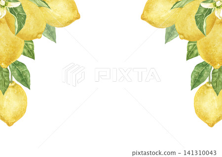 Watercolor lemon corner frame with citrus branches and green leaves. Hand painted Mediterranean illustration for menus, recipes, restaurants, summer weddings and kitchen decor. 141310043