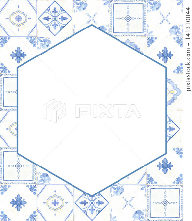 Watercolor hexagon frame with Portuguese azulejo and Mediterranean ceramic tiles. Hand painted geometric illustration for wedding invitations, menus, recipe cards and travel themed designs. Watercolor hexagon frame with Portuguese azulejo and Mediterranean ceramic tiles. Hand painted geometric illustration for wedding invitations, menus, recipe cards and travel themed designs. 141310044