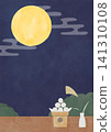 A watercolor-style frame depicting moon viewing, with the viewer gazing up at the full moon from a veranda. 141310108