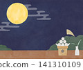 A watercolor-style frame depicting moon viewing, with the viewer gazing up at the full moon from a veranda. 141310109