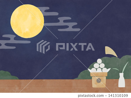 一幅水彩風格的畫框,描繪了賞月的場景,觀者站在陽台上仰望滿月。 一幅水彩風格的畫框,描繪了賞月的場景,觀者站在陽台上仰望滿月。 141310109